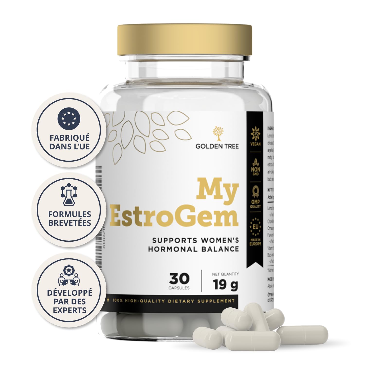 Golden Tree My EstroGem – Integratore Donna, 30 Capsule | Con Melissa, Clorella, Angelica, Semi di Lino, Vitamina B6 e Pepe Nero
