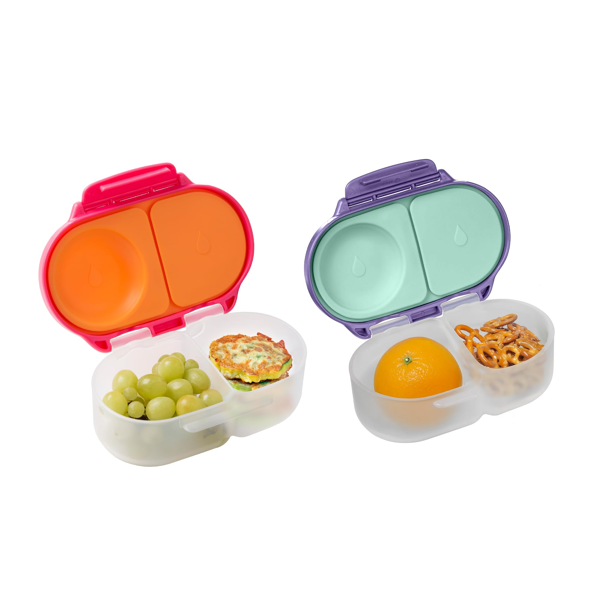 b.box Snack Box (2-Pack) for Kids & Toddlers: 2 Compartment Snack Containers, Mini Bento Lunch Box. Leak Proof, BPA Free, Dishwasher Safe. Ages 4 Months+ (s'shake + Lilac pop, 12oz Capacity)