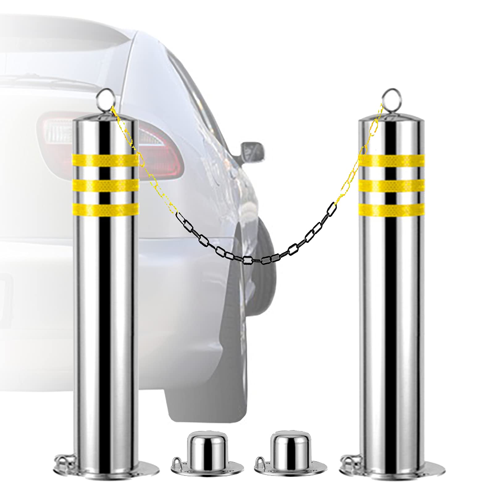 SnamicE Parking Bollards with Lock 2-Pack Stainless Steel Large Safety Caution Barrier Parking Pole for Traffic-Sensitive Area,800x89mm