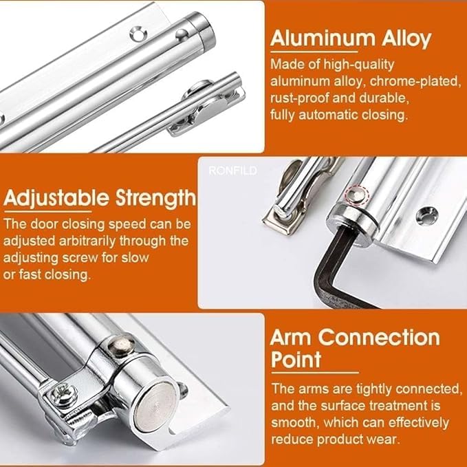 Image of Spring Door Closer, Adjustable Automatic Door Closer for Residential /Commercial use, Surface Mounted Door Closer with Allen Key and Screws, Soft Closing Door