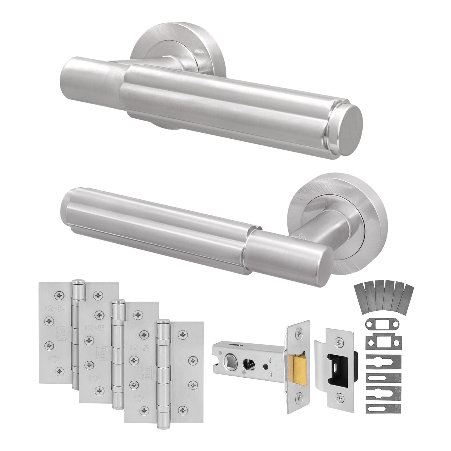 EAI Satin Fire Door Handle Latch Set, Satin Nickel Internal Fire Rated Door Handle with 76mm Latch and 102mm Hinges, Flora Range 1 Pack