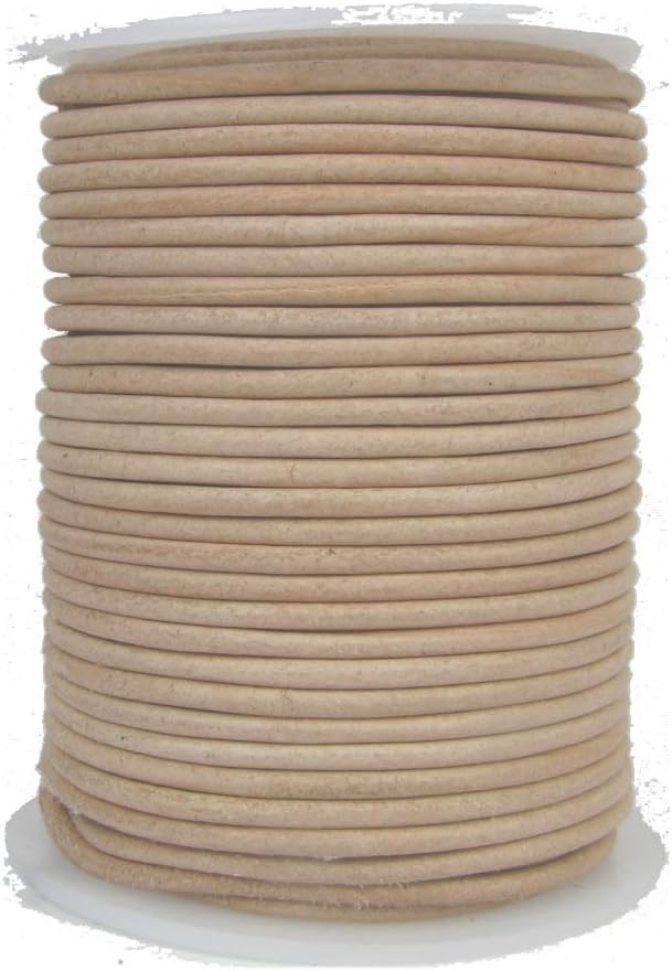 Round Leather Cord, 25 Meter Spool, 2 mm Light Natural