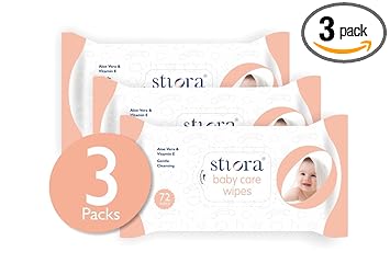 STIORA Baby Wipes Without Lid - 72 Wipes/Pack (Combo Offer Pack of 3) - Aloe Vera and Vitamin E Extract - Soft Cleansing, Moisturizing and Nourishing Skincare Wet Wipes for Babies