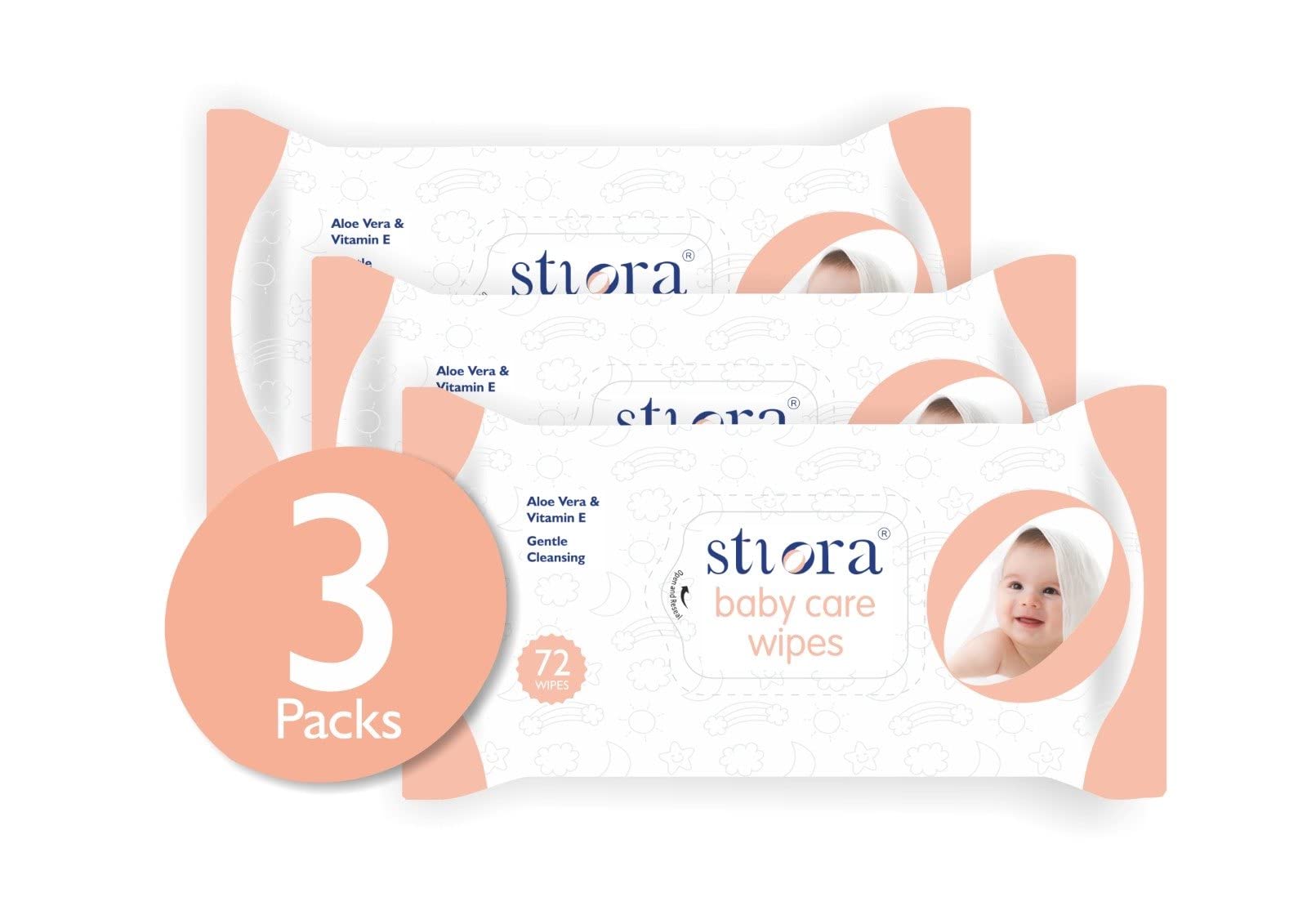 STIORA Baby Wipes Without Lid - 72 Wipes/Pack (Combo Offer Pack of 3) - Aloe Vera and Vitamin E Extract - Soft Cleansing, Moisturizing and Nourishing Skincare Wet Wipes for Babies