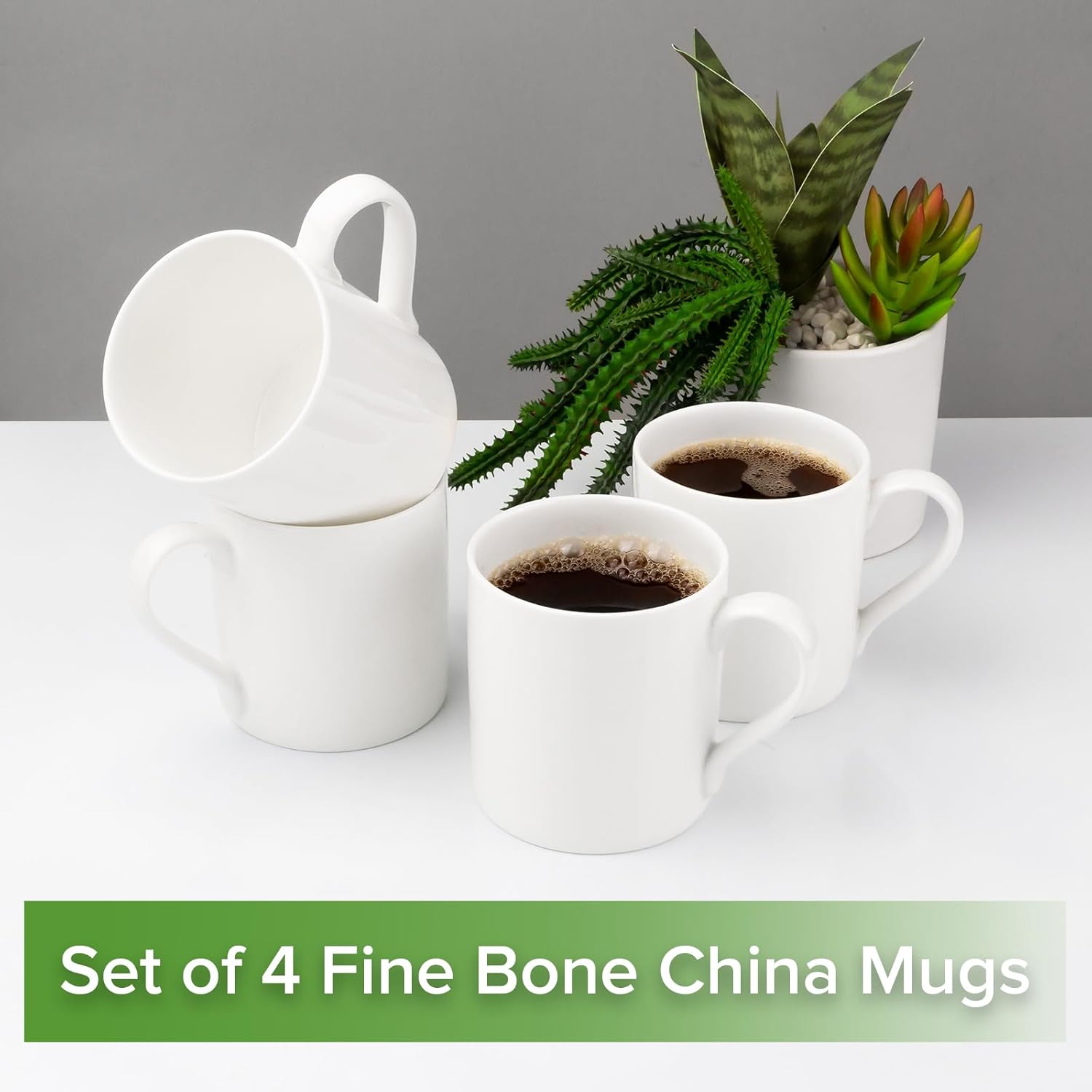 Fine Bone China Coffee Mugs, 13 oz Capacity, Set of 4, White, Microwave and Dishwasher Safe, Gift Set for Mother's Day, Christmas, Straight Model With Ear Handle