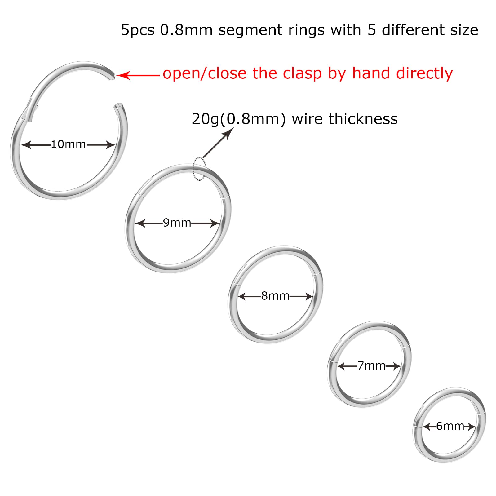 NewkeepsR 6G/8G/10G/12G/14G/16G/18G/20G Steel Nose Ring Hoop Piercing,Septum Lip Helix Cartilage Rook Body Jewellery,Diameter From 5mm to 14mm, Gold-Rose Gold-Silver tone-Black — view 2
