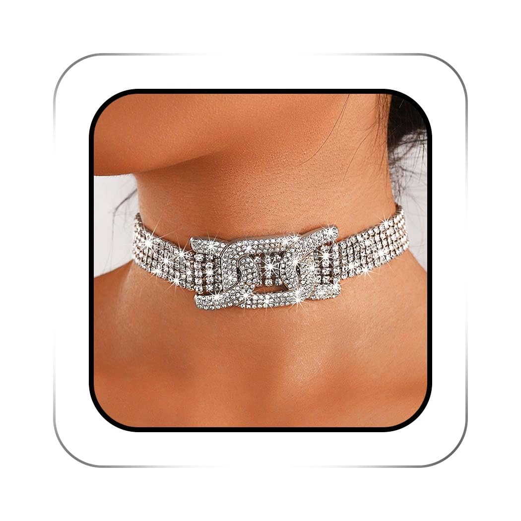 ACEDRE Rhinestone Row Choker Necklace Jewelry Silver Sparkly Crystal Chokers Chain Party Prom Neck Accessories for Women