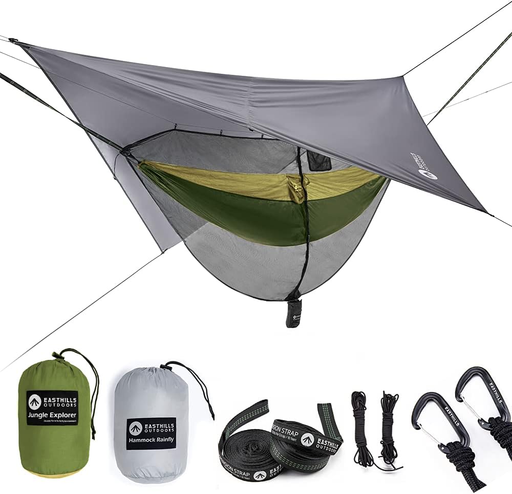 Easthills Outdoors Jungle Explorer 118" x 79" Double Camping Hammock with Separated Mosquito Bug Net and Waterproof Rainfly 2 Person Portable Ripstop Parachute Nylon Hammocks Khaki