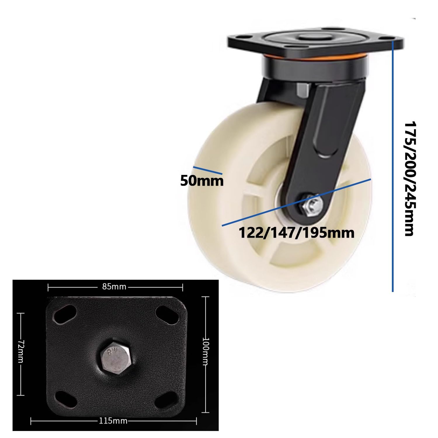 122/147/195mm Transport Industriel Roue, Charger 3000kg, Roulette Pivotante avec Frein, Lot de 4 roulettes Nylon Charge Lourde verrouillables(4*Swivel,8in(195mm))