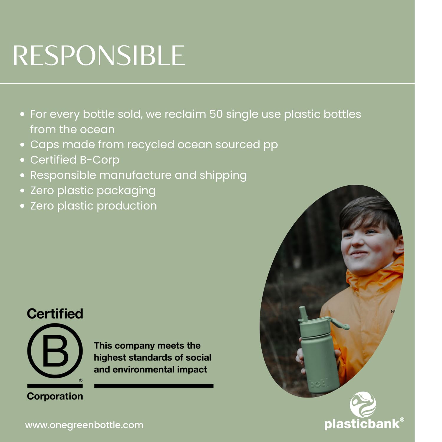 onegreenbottle 400ml Insulated Stainless Steel Water Bottle, Leakproof Vacuum Flask with Straw Lid & Carry Handle - Image 3