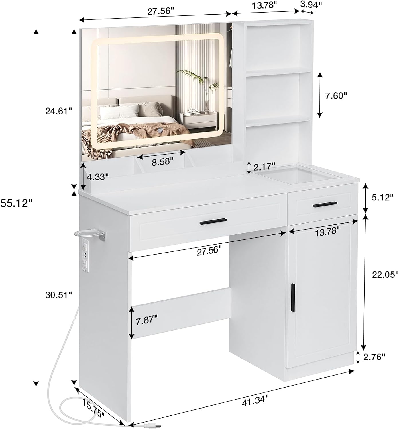 HOMMPA Vanity Desk with Mirror and Lights 41.3“W Makeup Desk with Drawers and Storage Modern Vanity Table with Lighted Mirror Makeup Table with Outlet Dressing Table with Glass Top for Bedroom White