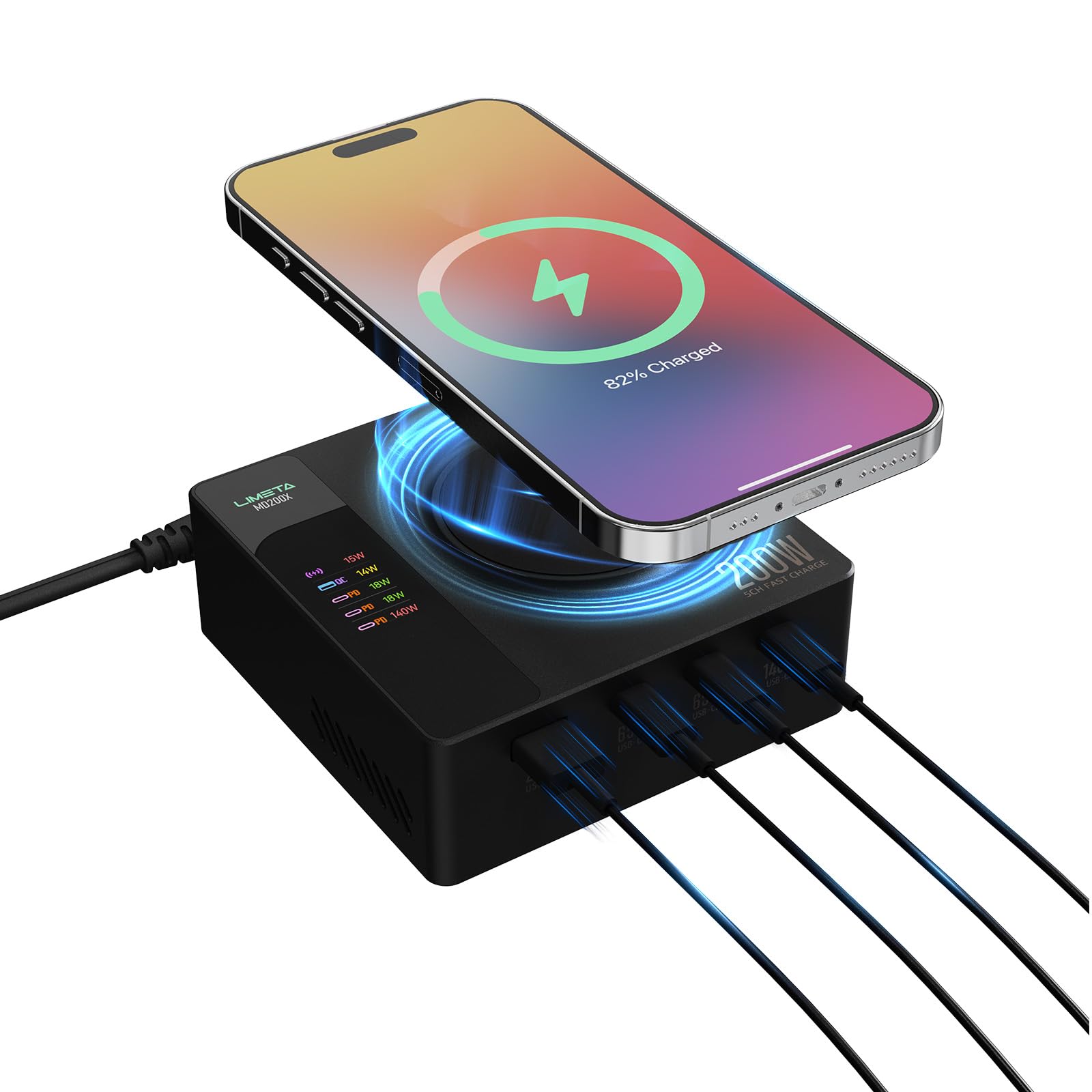 LIMETA 200W Cargador de Escritorio 5en1 - Estación de Carga con Carga Inalámbrica, Indicador de Batería, Organizador de Escritorio, USB-C & A, Cargador Rápido