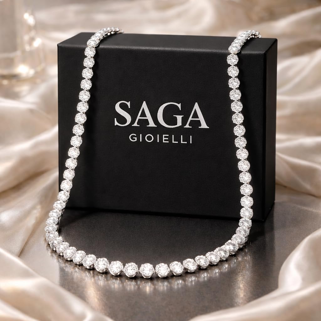 SAGA GIOIELLI® Collana donna uomo tennis con zirconi - Acciaio inox – Lunghezza 38+5 cm - Confezione Regalo