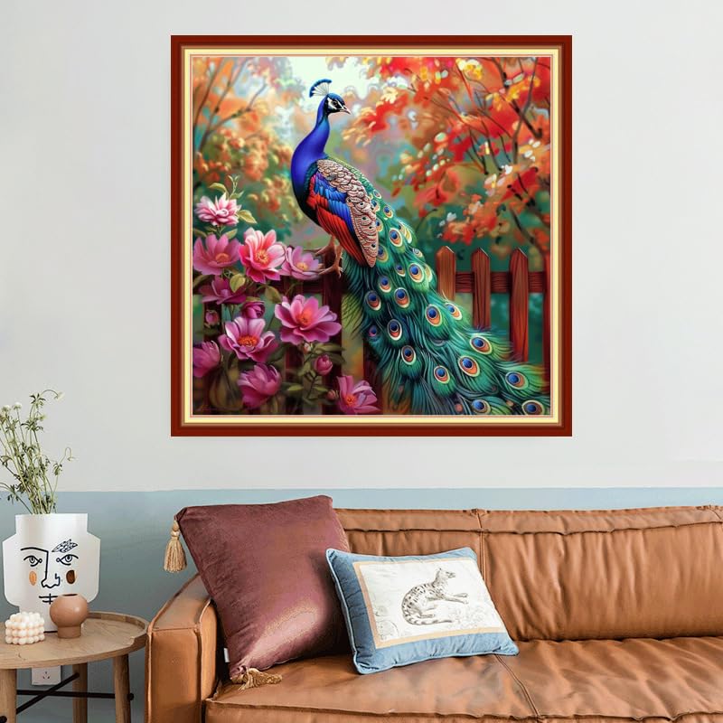 Image of Joyhoor Stamped Cross Stitch Kits for Beginners, Needlepoint Kits for Adults, 11CT Counted Embroidery Kits-Peacock Flowers 18x18 inchs