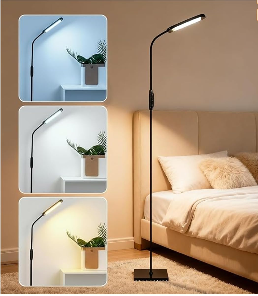 Lampada da terra LED moderna per soggiorno, regolabile, ideale per camera da letto, ufficio e lettura. Luce soffusa e design minimalista per l’arredamento domestico.