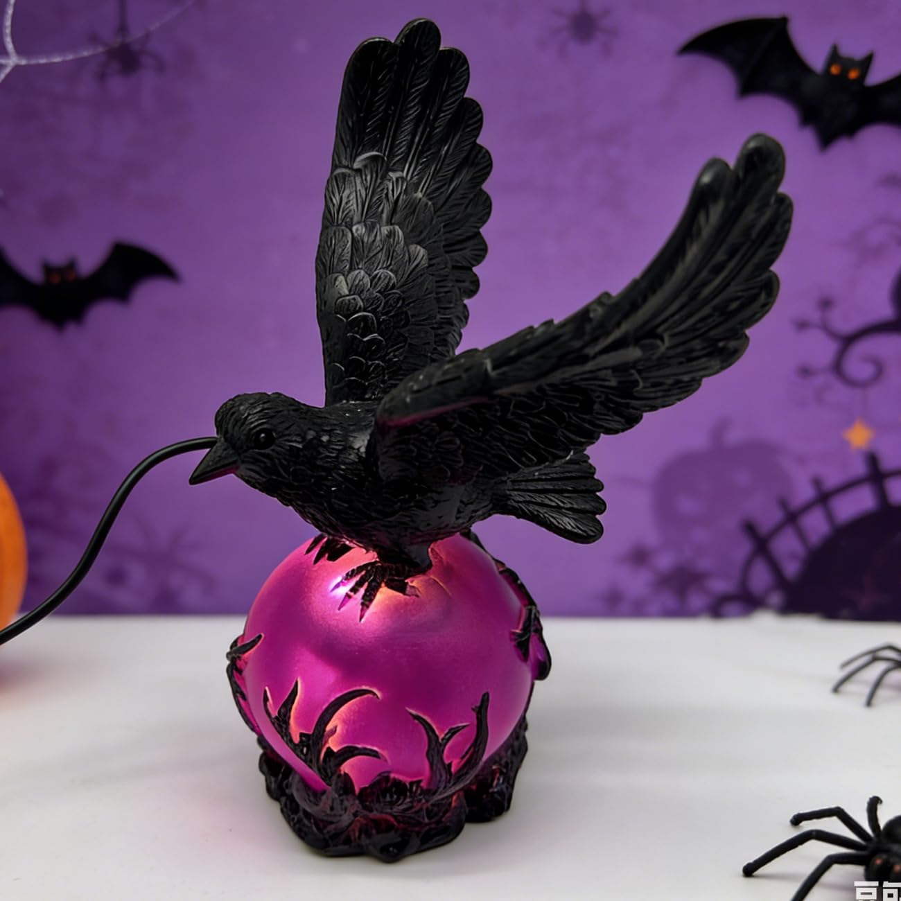 Gothic Decor Raven Lamp, Resin Crow Figurine Night Light with Switch, Desktop & Vase Ornament for Bedroom, Ideal for Gothic & Witch Decor Lovers (Purple)