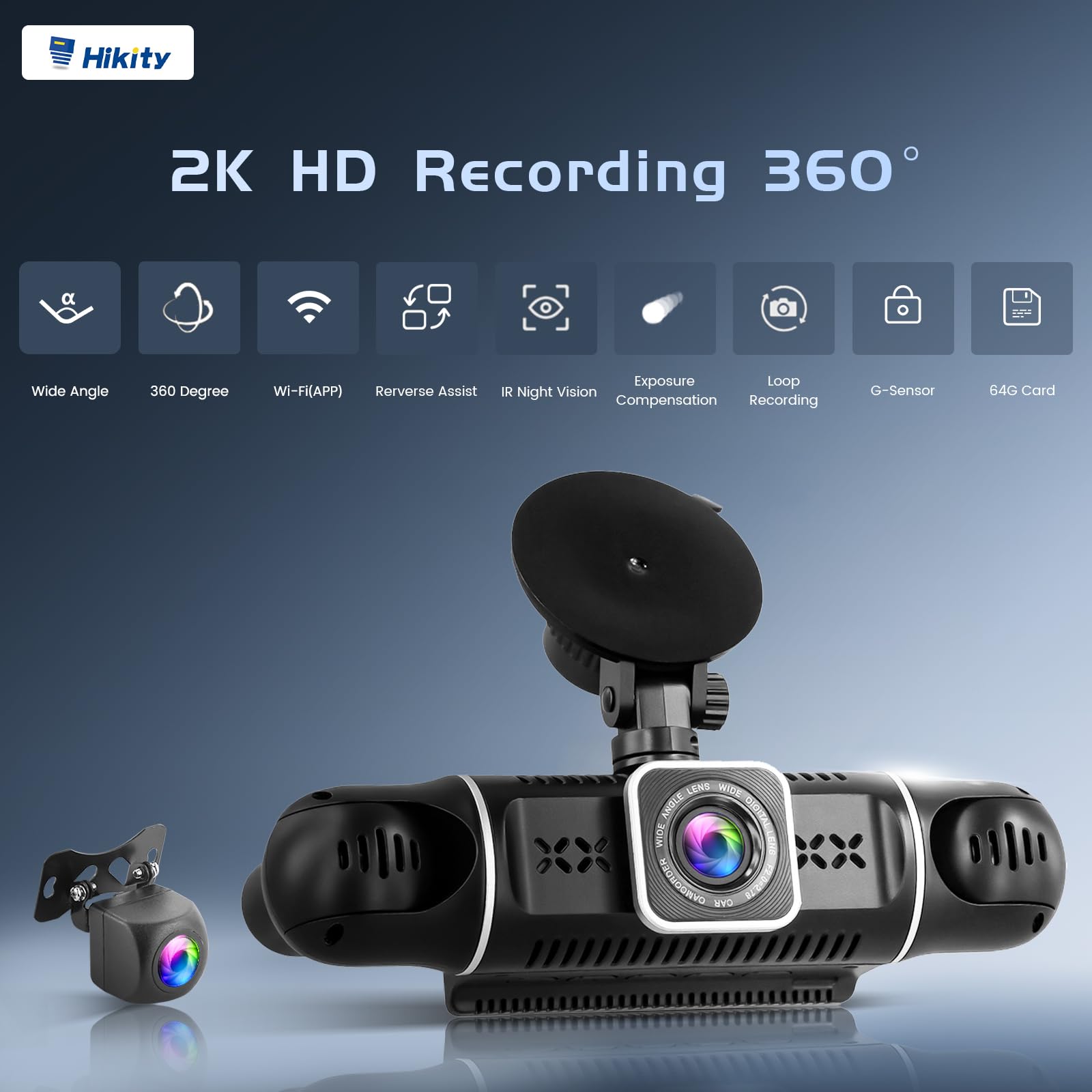 Hikity 4 Canales Dash CAM, WiFi Dash CAM 2K Delantero y 1080P Trasero Interior Izquierdo Derecho, Cámara de Coche con 64GB, G-Sensor, Grabación en Bucle, Visión Nocturna,24h-Monitor de Aparcamiento
