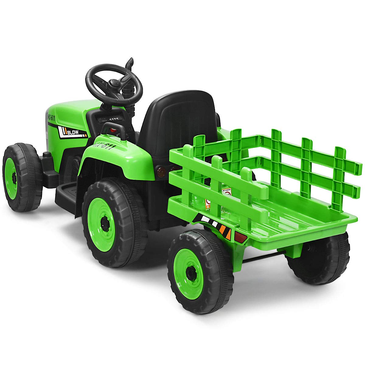 COSTWAY 12V 3-Gang Traktor mit abnehmbarem Anhänger und 2,4G Fernbedienung, Kinder Aufsitztraktor mit LED Lichtern, Musik, Hupe & USB Funktionen, geeignet für Kinder ab 3 Jahren (Grün)