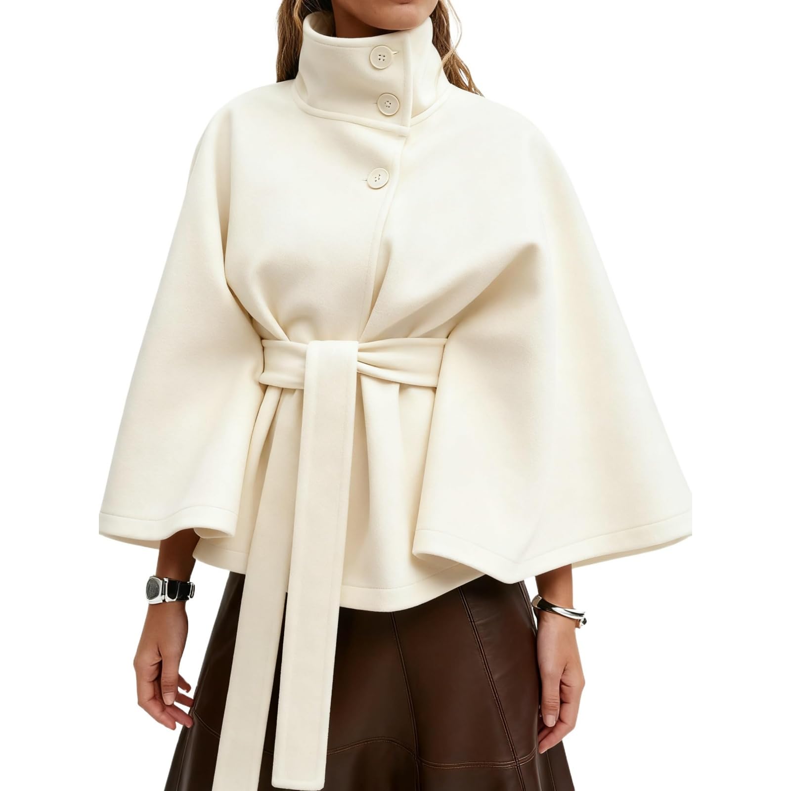 Poncho de manga murciélago para mujer abrigo corto invierno cuello alto cinturón