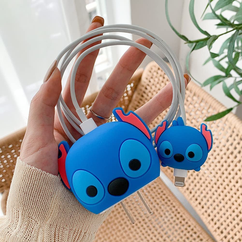 Cat Care Cartoon 3D Design Protective Case for iPhone 14 13 12 11 Pro Max Fast Charging Cable Adapter Charger Cover, Cute Cartoon Lightning Data Cable Case for iPhone Charger (Stitch Blue)