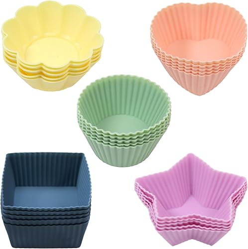 Paquete de 25 forros de silicona reutilizables para magdalenas, moldes antiadherentes para magdalenas, cinco formas de flor, corazón, redondo,