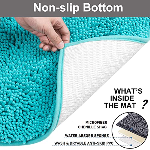 3 Pieces Bathroom Rugs, Anti-Slip Chenille Bath Rug, Super Absorbent Luxury Shaggy Bath Mats Set, Perfect Plush Carpet For Tub, Shower, Bath Room,Machine Washable (Turquoise) #TOP4