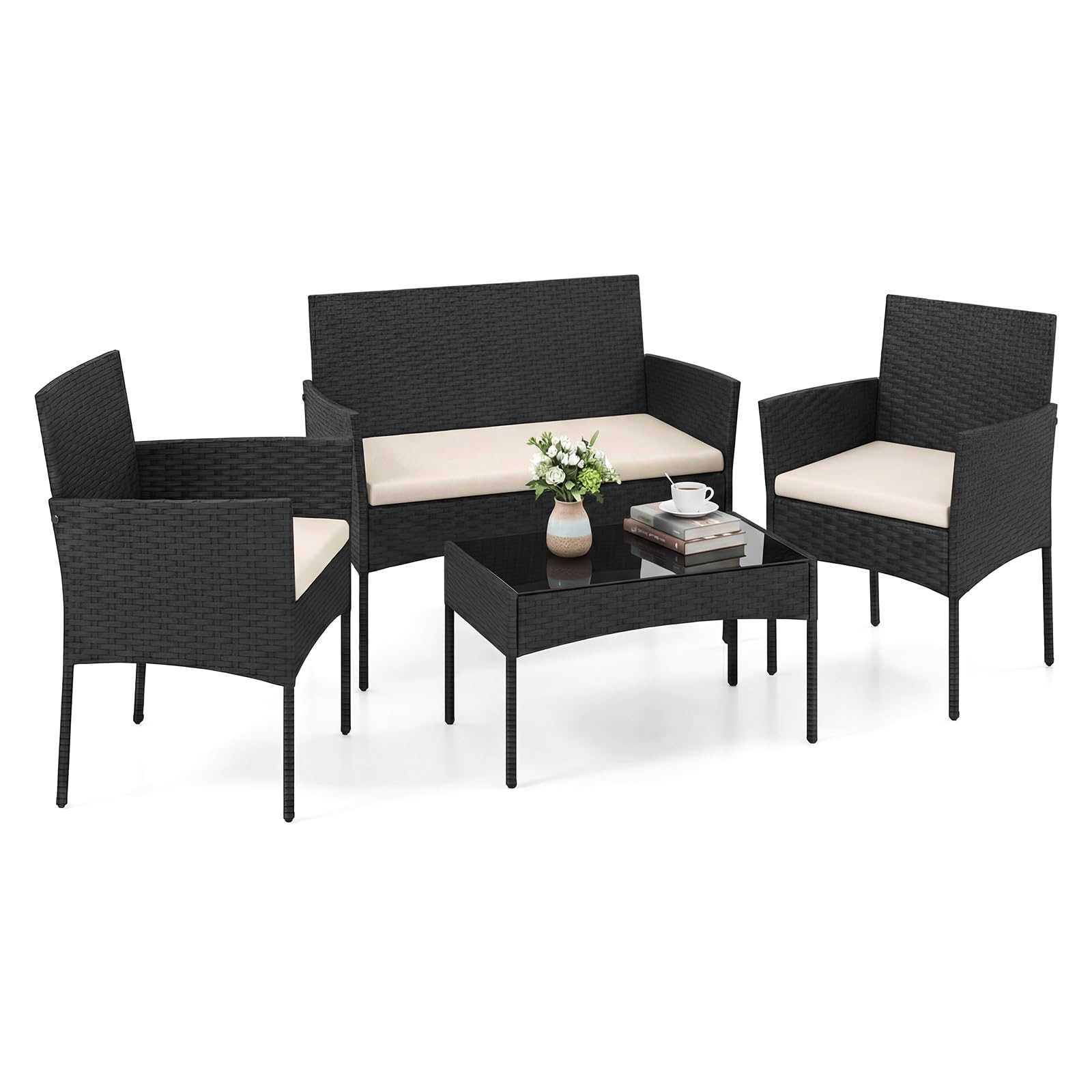 COSTWAY Set Salotto da Giardino 4 Pezzi, Divanetto da Esterno in Rattan PE con 2 Poltrone e Tavolino con Piano in Vetro Temperato, Cuscini Imbottiti e Telaio Metallo per Terrazzo e Balcone (Beige)