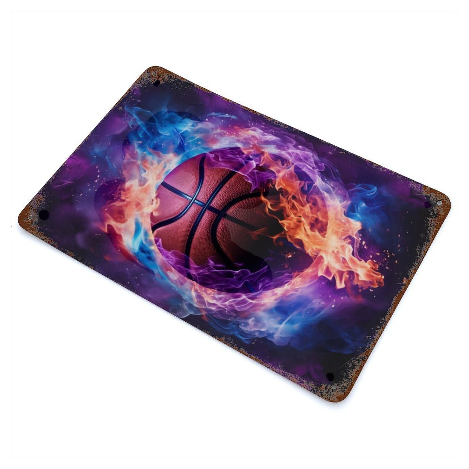 Weathered Tin Sign Flame Engulfed Basketball 11.8"x7.9", Rustic Home Decor for Bistro, Counter And Cafe Decor
