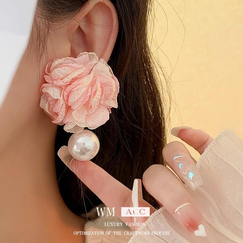Pink Flowers Rose Pearl Geometric Earrings Handmade Crochet Pink Flowers Earrings with Pearls, Knitted Artificial Forever Flowers Pendant Earrings Camellia Pearl Stud Earrings