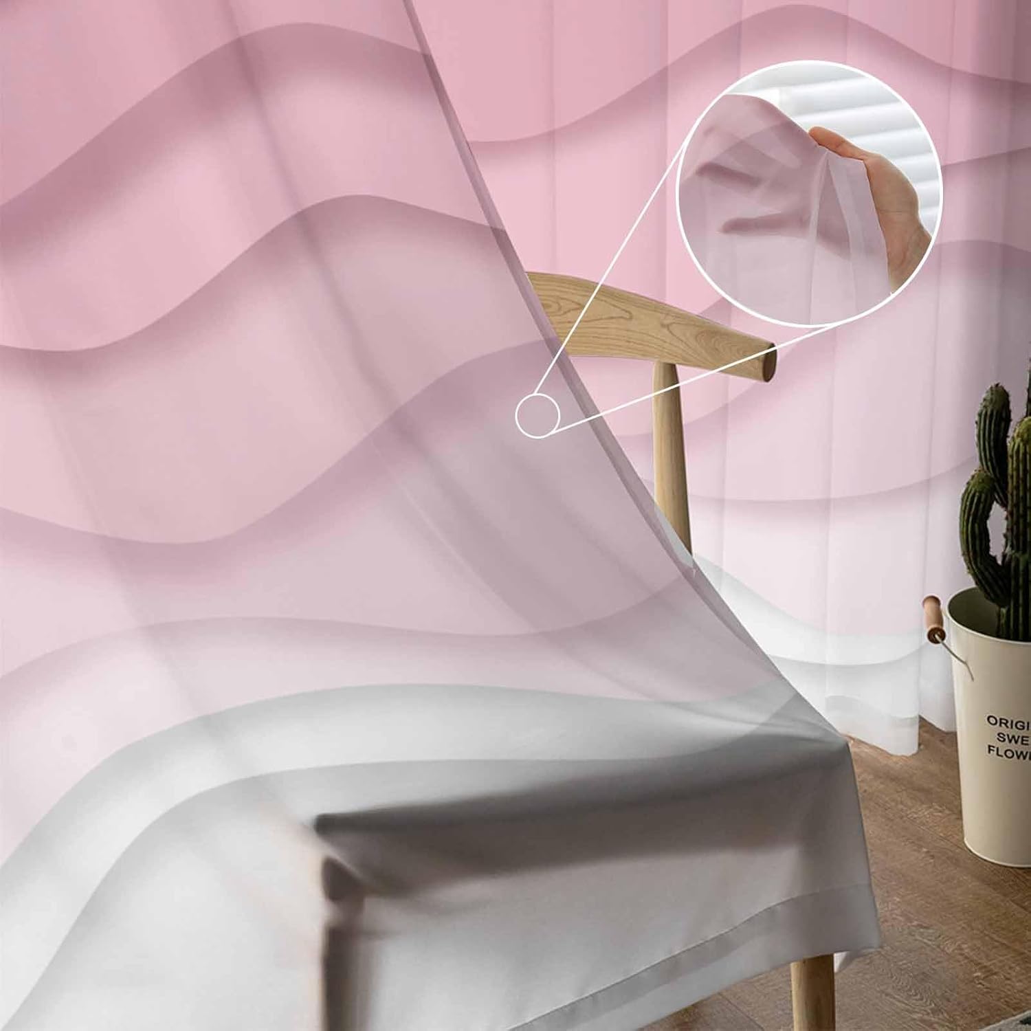 Abstract Ocean Sheer Curtains 72 Inches Long, Gradient Pink Spray Waves Window Treatment Panels Light Filtering Rod Pocke Curtain Voile Drapes for Bedroom/Living Room Each 52" W x 72" L