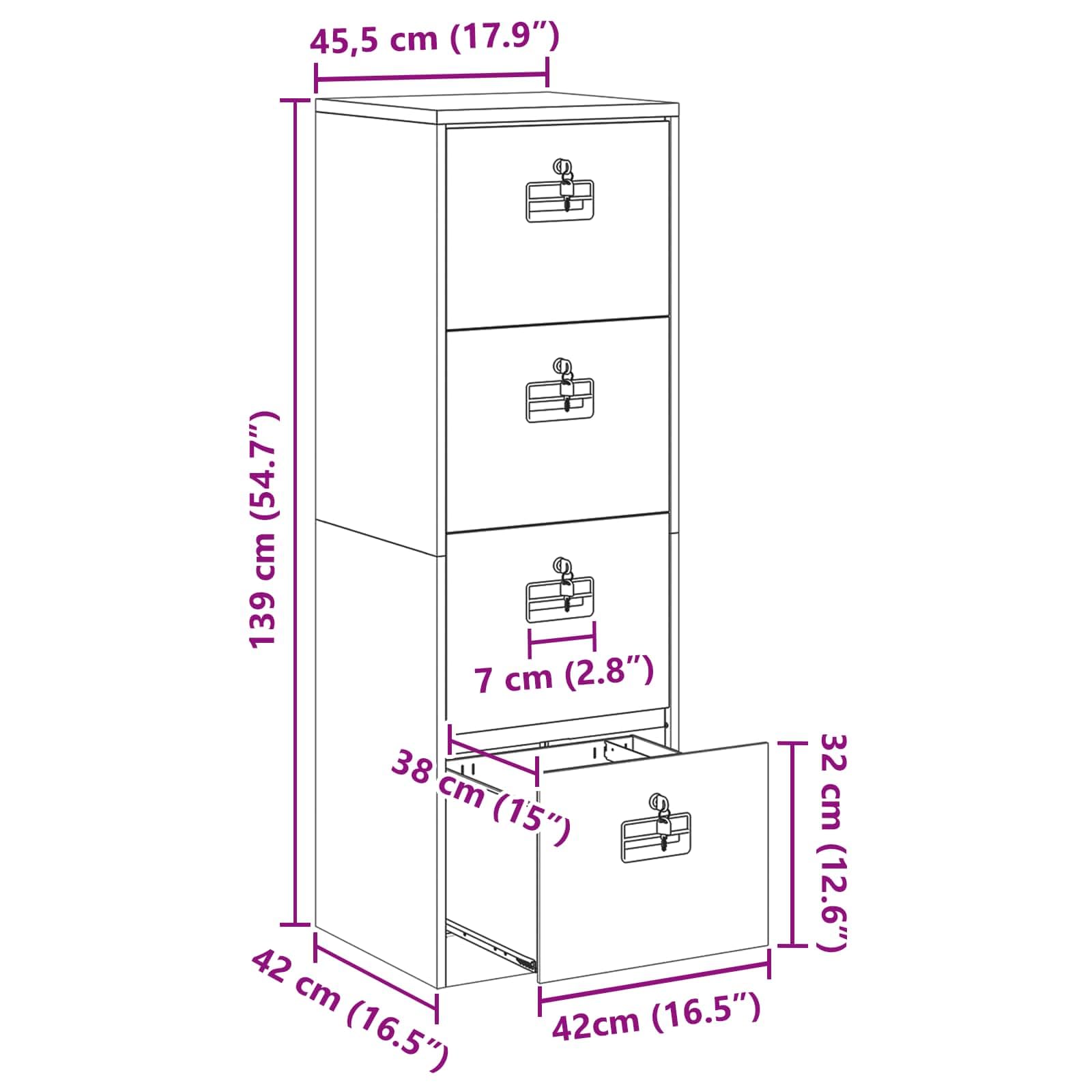 Czarna szafka na dokumenty ze stali walcowanej na zimno 45,5 x 42 x 139 cm z 4 szufladami i zamkami cylindrycznymi, wytrzymała szafka biurowa zapewnia bezpieczne przechowywanie i optymalne