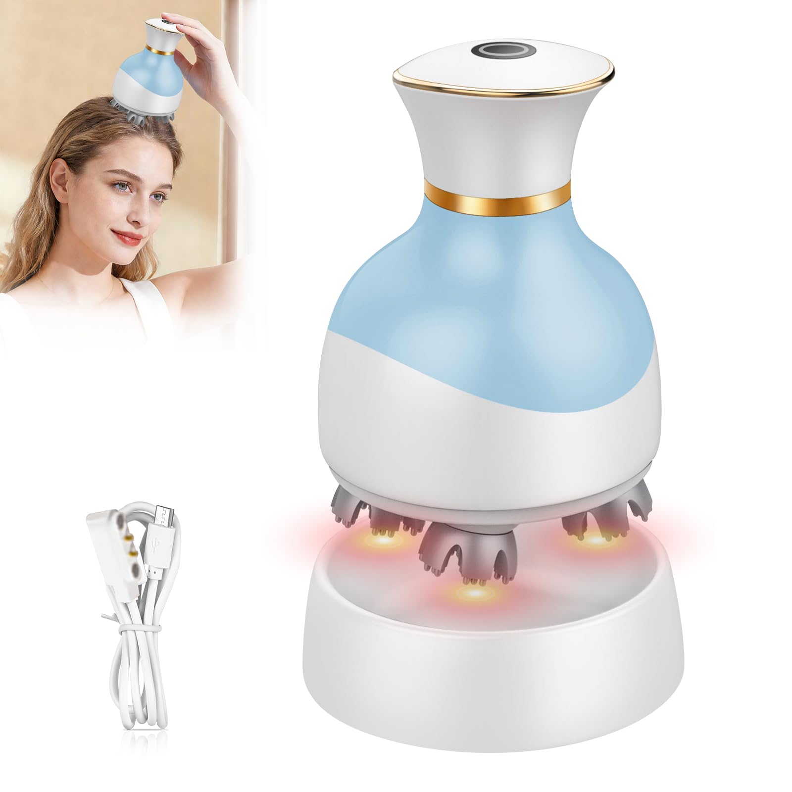 Masajeador de cabeza eléctrico, cepillo de masaje para cuero cabelludo, 3 modos de masaje, temporizador inteligente de 10 minutos, recargable, suave, rápido y modo de masaje inverso para relajación y