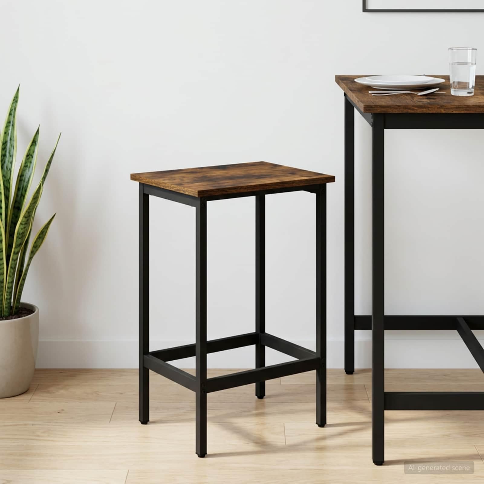 Anself Silla de Bar Roble Ahumado 40x32x64 cm Madera ingenieria con Respaldo reposapies Patas Ajustables Estructura Acero galvanizado Capacidad 130 kg Uso Interior