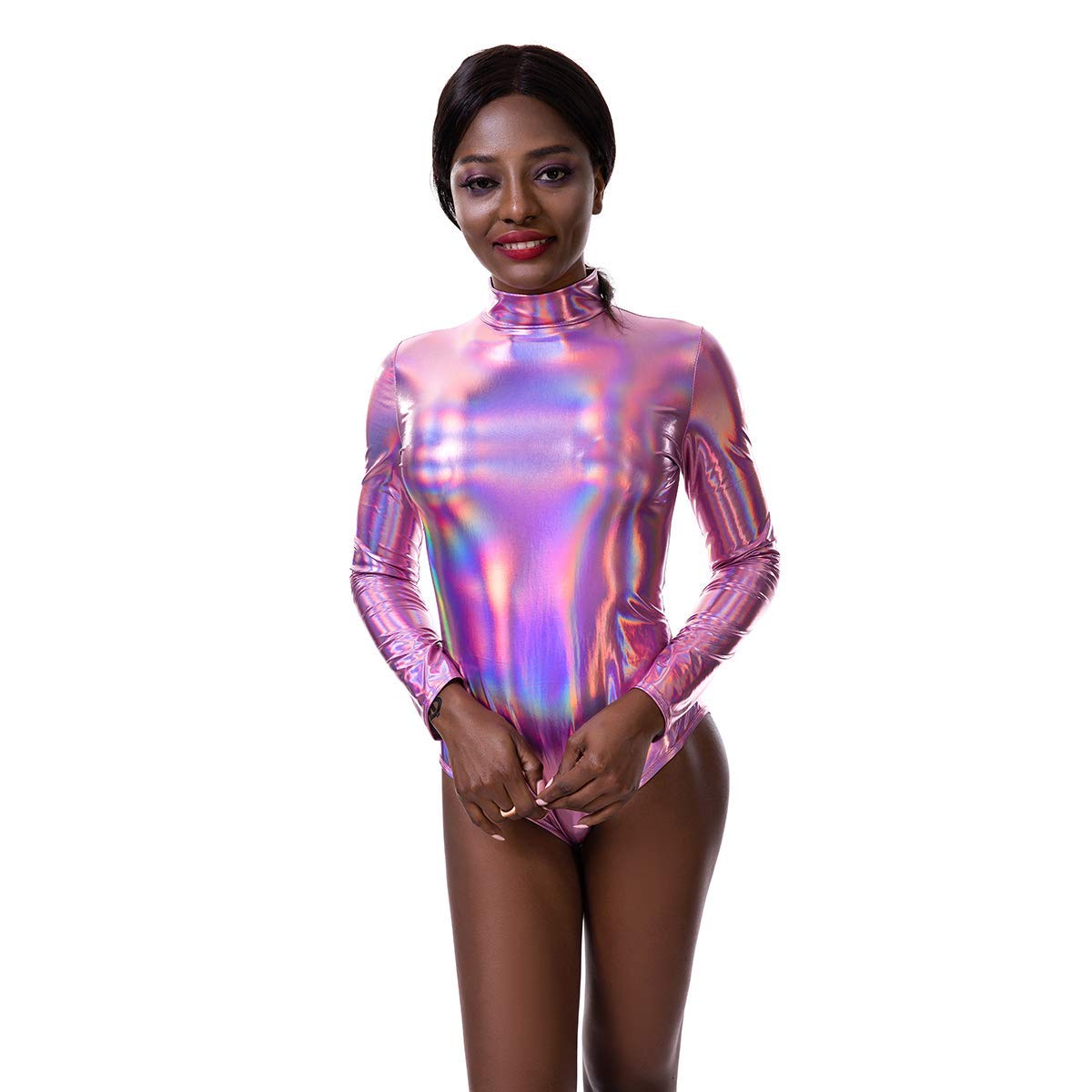 IMEKIS Body da donna a maniche lunghe Catsuit lucido metallizzato PVC ginnastica body balletto danza body tuta tuta in ecopelle pagliaccetto top laser discoteca danza party Clubwear, rosa, L