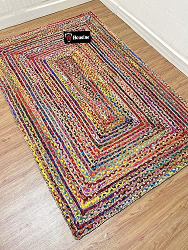 Image of Handmade Natural Jute Cotton Natural Fibers Floor /Door Mat Rugs Furnish Decor Striped Rectangular Design Carpet for Bedroom Living Room (JUTE004, 6x8-Rug /Carpet)