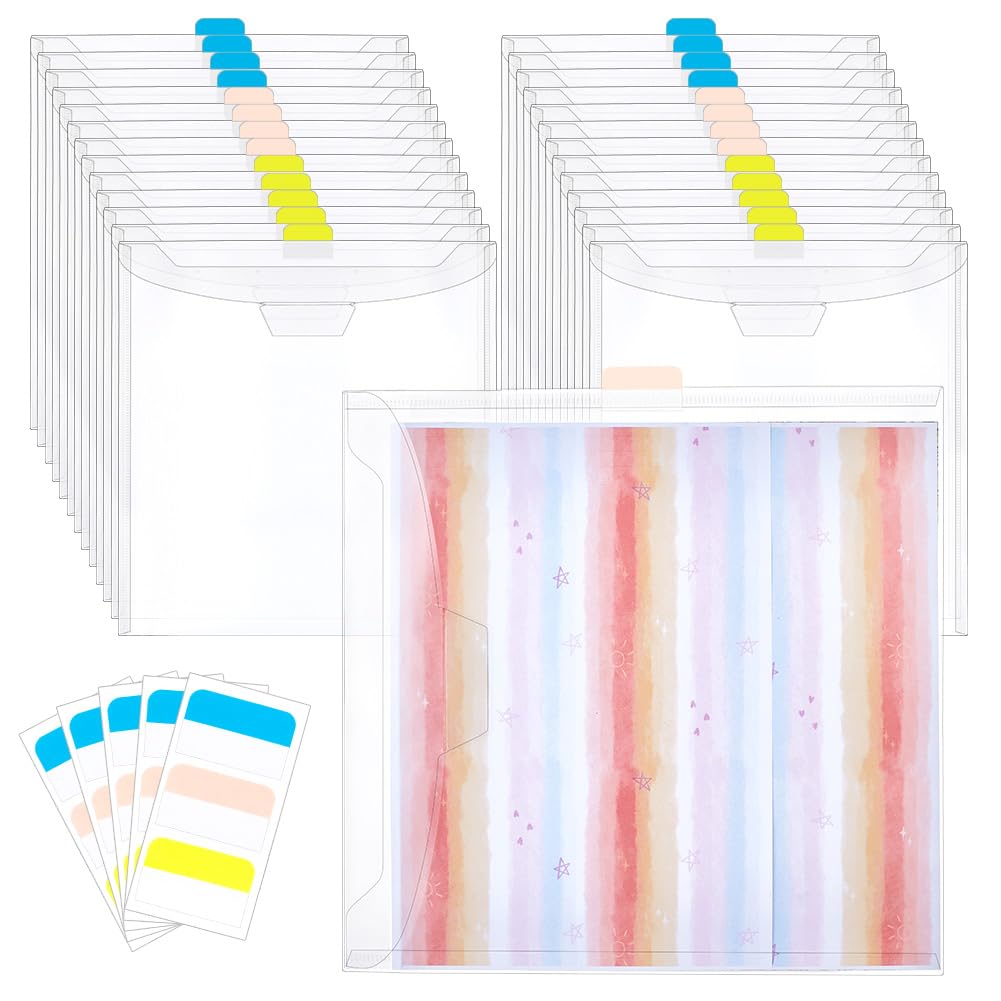 BENECREAT 24 Pcs Organisateur de Rangement pour Papier Scrapbooking Pochette Transparente de Rangement pour Documents de 33x32cm avec 60 étiquettes Autocollantes pour Albums de Scrapbooking Photos