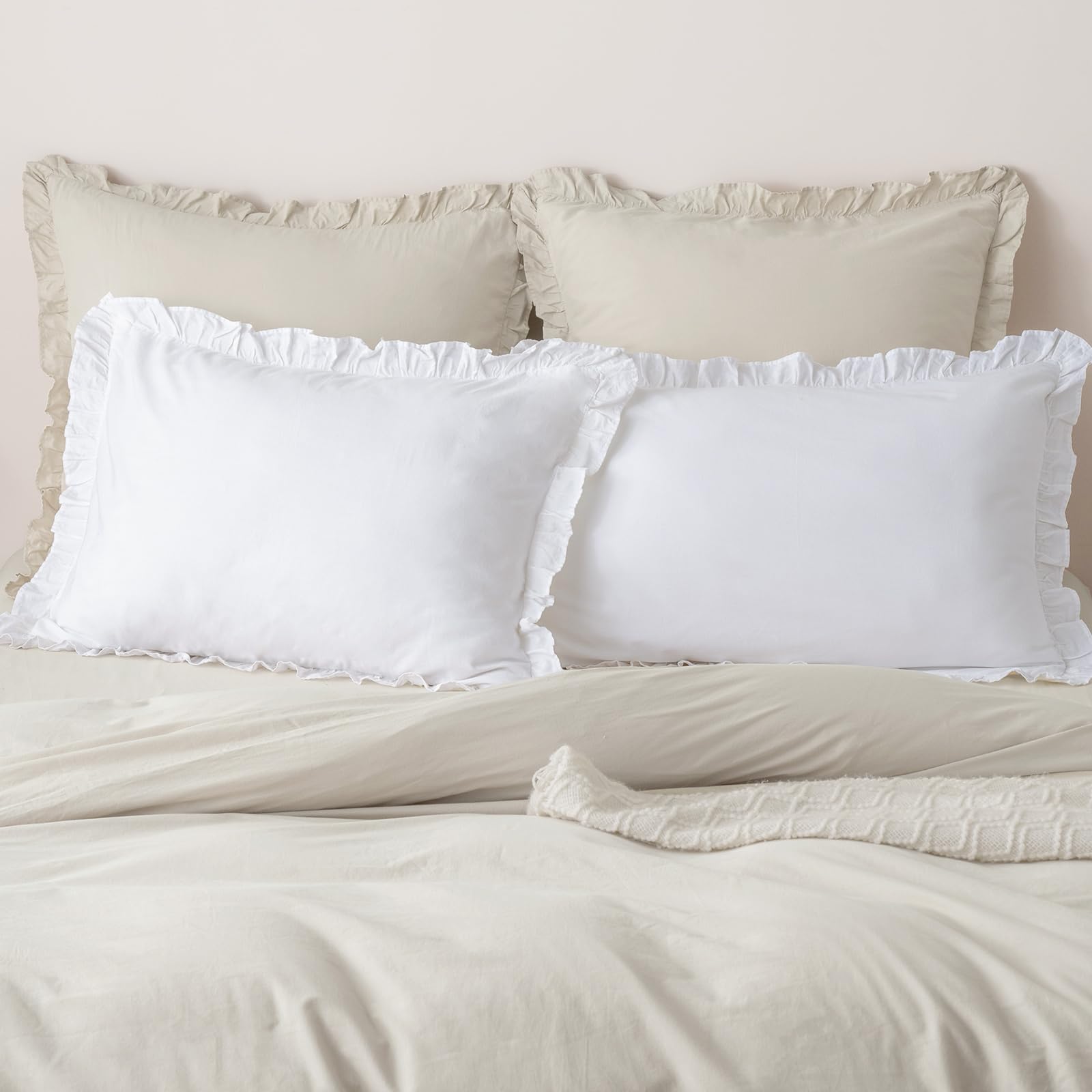 PHF 100% Washed Cotton Ruffle Pillowcases Standard Size, 2 Pack 20" X 26" Pillow Shams, No Insert, Ultra Soft Cotton Pillow Cases,Decorative Farmhouse Bedding, White