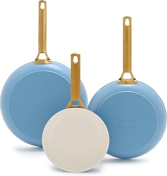 GreenPan Hard Anodized Healthy Ceramic Nonstick 8" 10" & 12" 3 Piece Frying Pan Skillet Set, Gold Handle, PFAS-Free, Dishwasher Safe, Oven Safe, Sky Blue