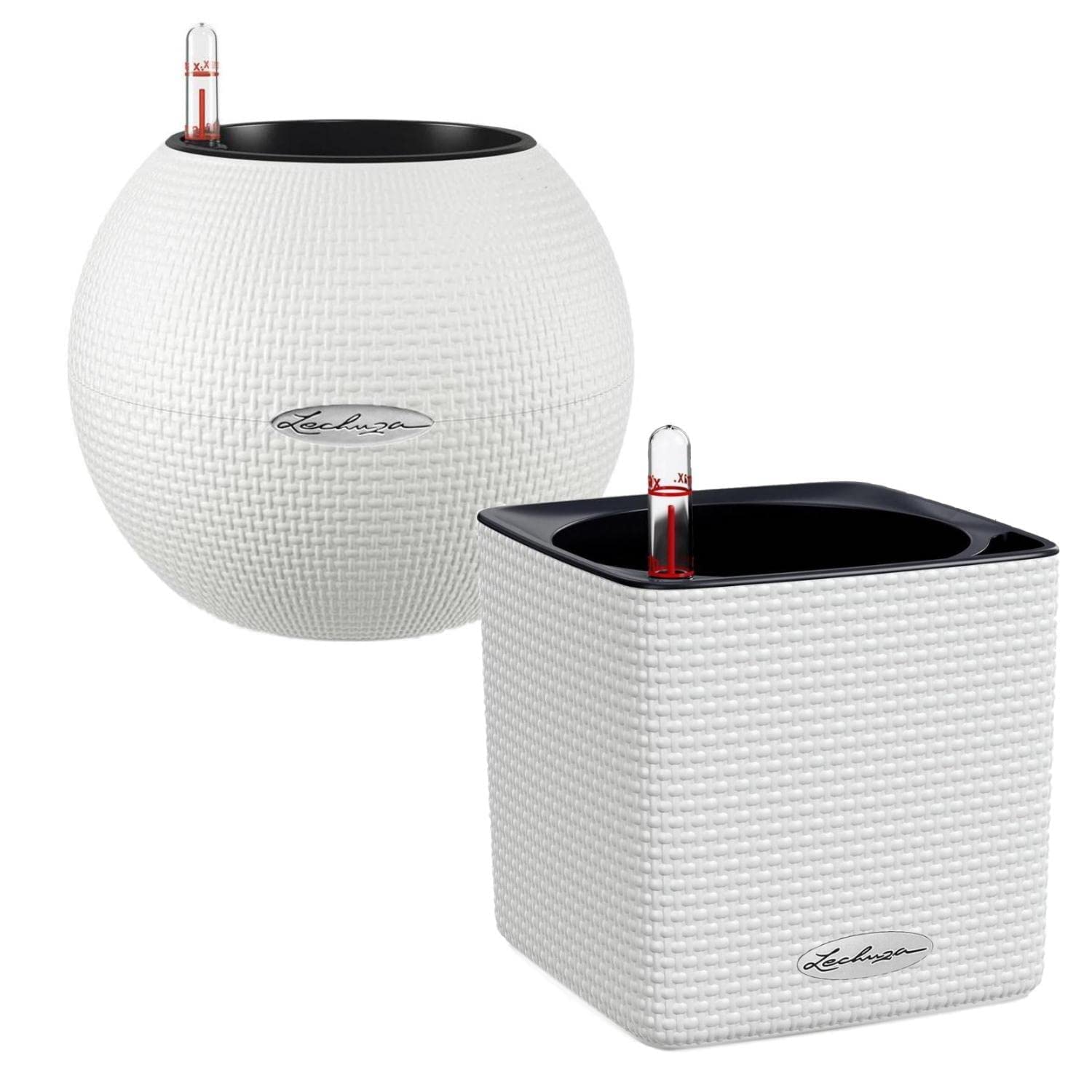 Lechuza CUBE Color 16 White H16 L17 W17 cm PURO Color 20 White D20 H16 cm Self Watering Planters Plastic Indoor and Outdoor Flower Plant Pots with Drainage Hole