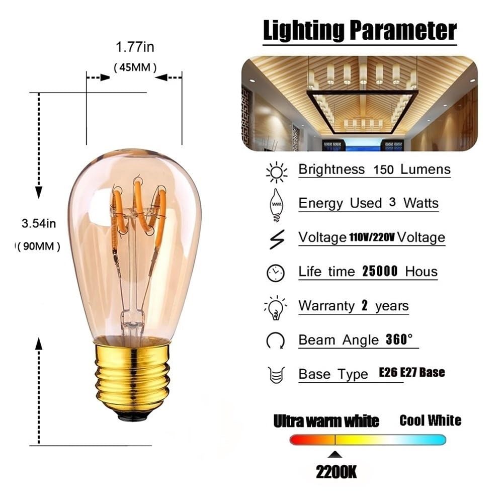 fengyan Casa Bombillas, Paquete de 15 Bombillas de filamento LED ST45 1W/3W E27 AC220V cálidas 2200K Bombillas de Cadena LED Impermeables for Exteriores Familiar Lámpara(ST45G 3W)
