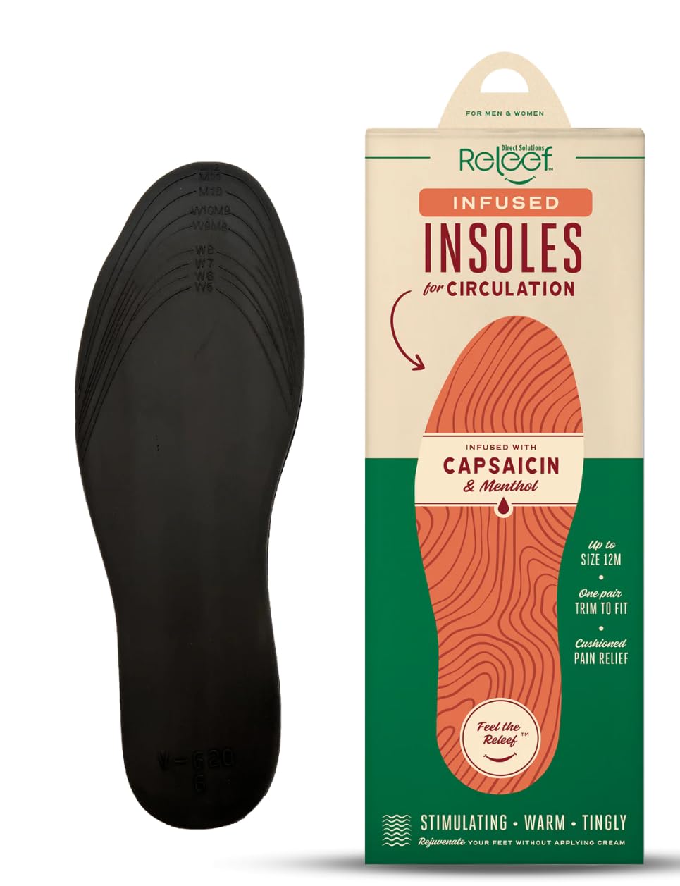 Circulation Relief Infused Insoles for Men and Women | Capsaicin and Menthol Cushioned Shoe Inserts | Shock Absorbing Latex Free | Trim to Fit Up to Size 13 | All-Day Foot Support