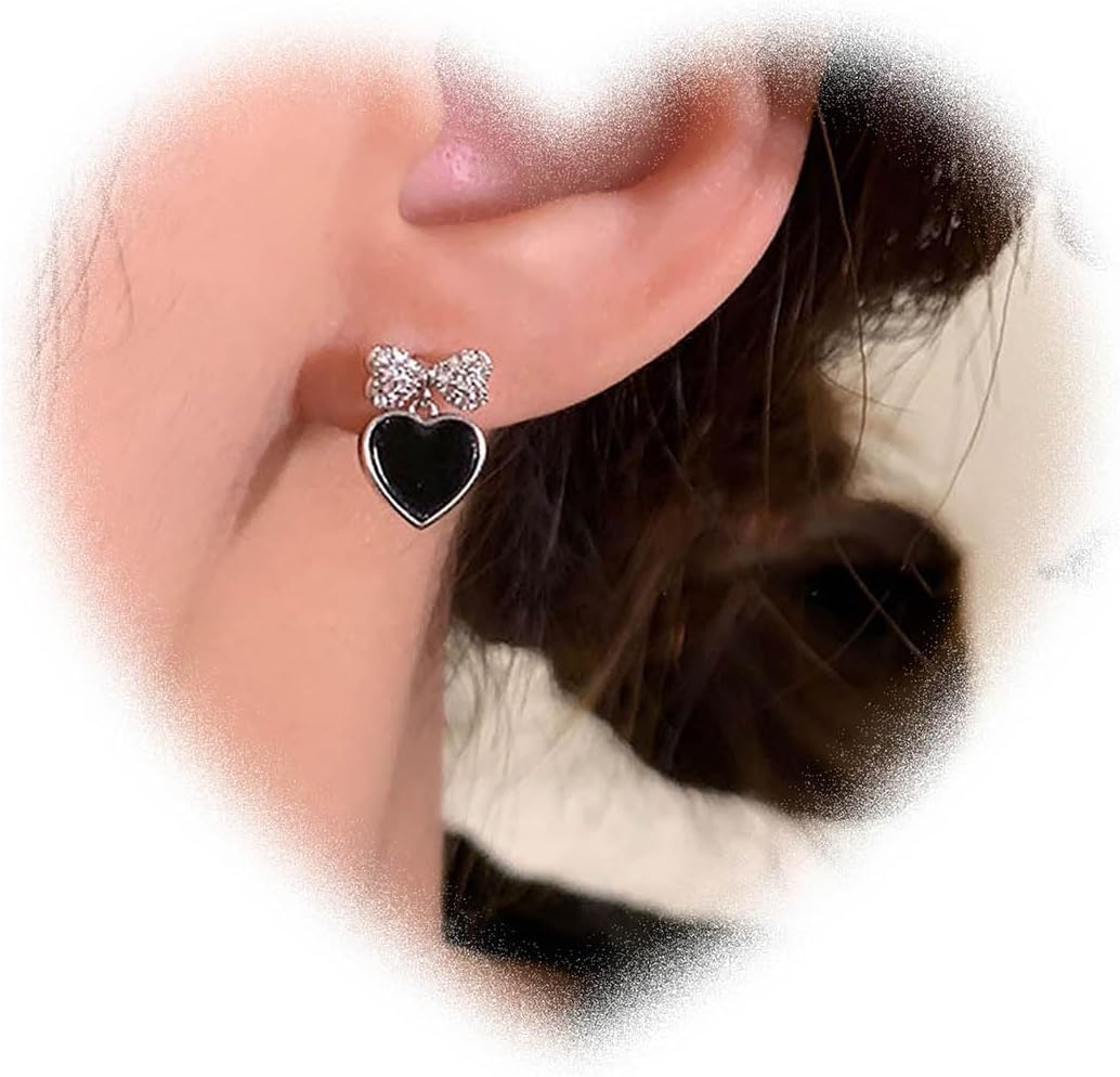 W WEILIRIAN Black Heart Earrings for Girls Boho Tiny Bow Earrings Love Heart Stud Earrings Crystal Bow Knot Earrings for Women Gifts