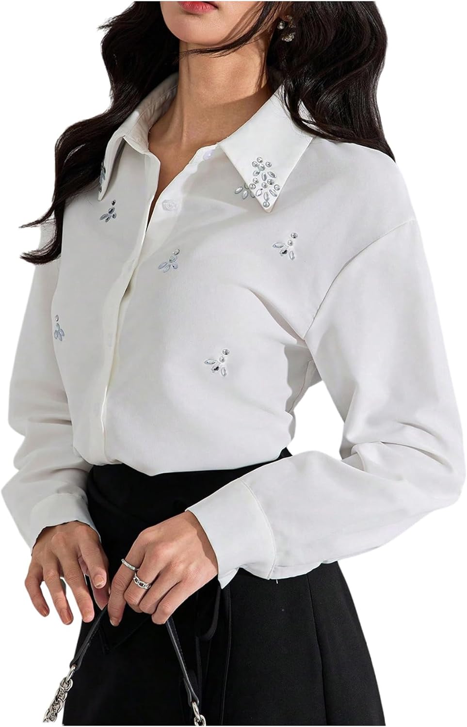 SweatyRocks Women's Long Sleeve Button Down Shirts Blouses Rhinestone Business Work Tops
