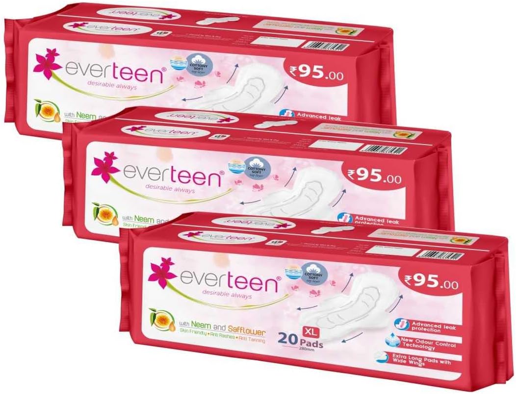 everteen Period Care XL Soft 60 Sanitary Pads for Women, 280mm Sanitary Napkin Infused with Neem-Safflower Rash Free, For Medium Flow X Large- 3 Packs (20 Pads Each)
