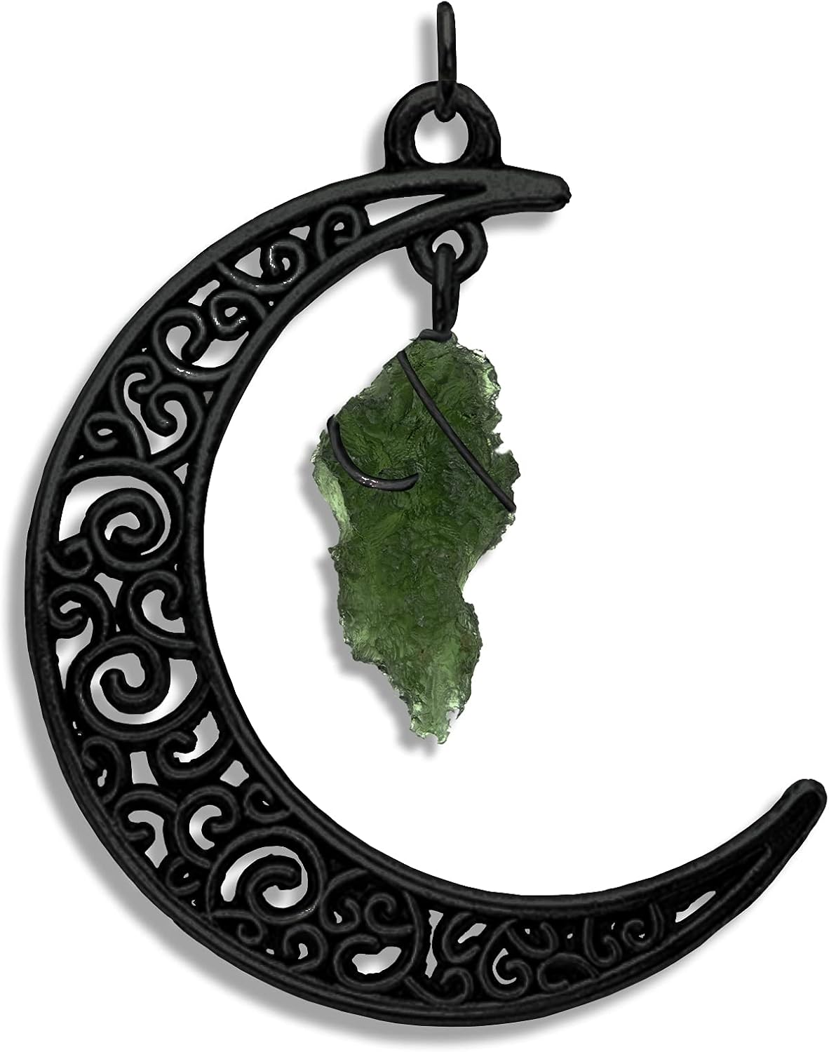 Genuine RAW Moldavite Black Enamel Metal Celtic Crescent Moon Pendant Jewelry Necklace, Natural Wire Wrapped Green Tektite Necklace with Certificate of Authenticity