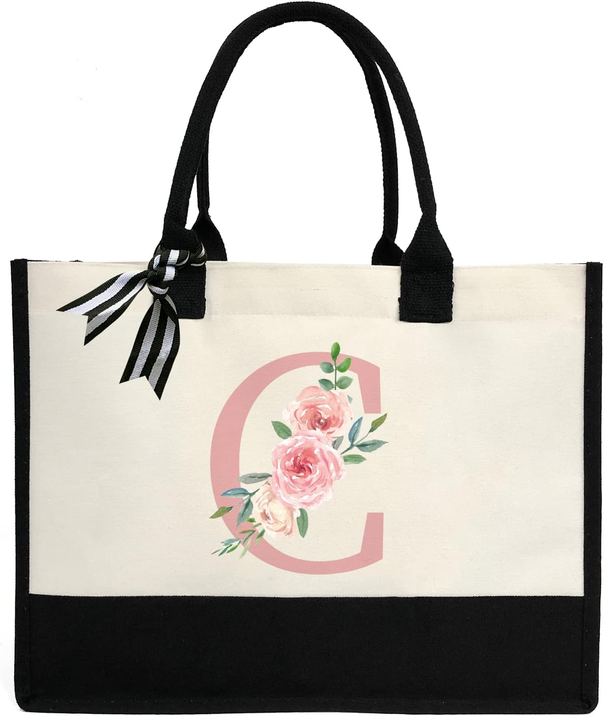 ZHONYEE Initial Canvas Beach Tote Bag Personalized Present Bag for Women Beach Bag with Waterproof Lining Inside for Wedding, Birthday, Holiday, Teacher - Pink