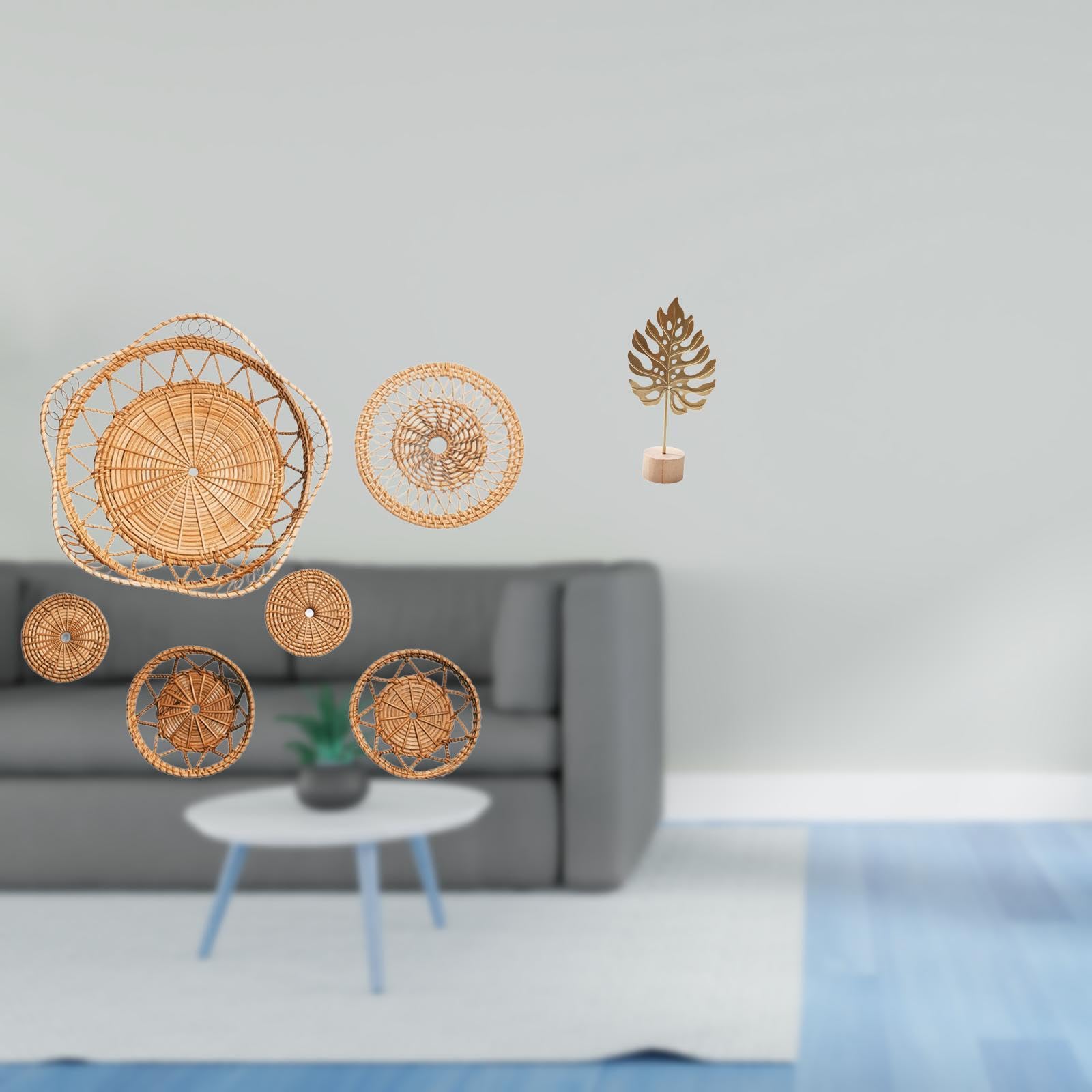 Rattan Woven Wall Art and Metal Leaf Sculpture Creative Ornament for Tea Room Hallway Bedroom Porch Cafe and Home Decor-image-7