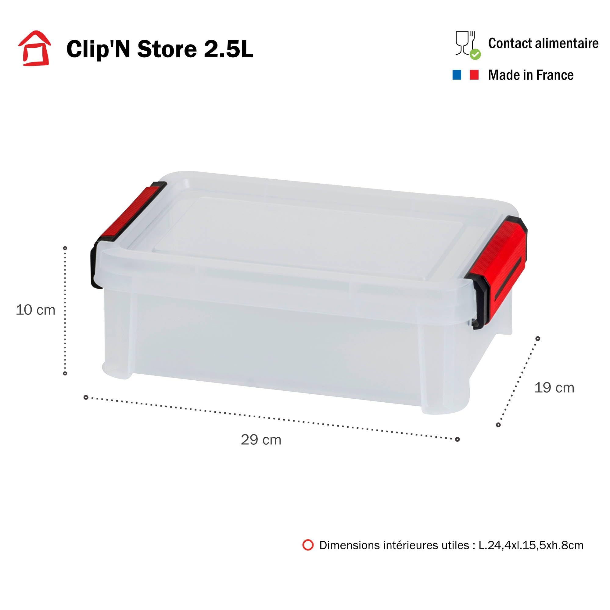 Sundis Clip'N Store, 6 cajas almacenaje con tapa, 2,5L, reforzados | Aptas para alimentos, paredes rectas, plastico transparente, apilables y combinables