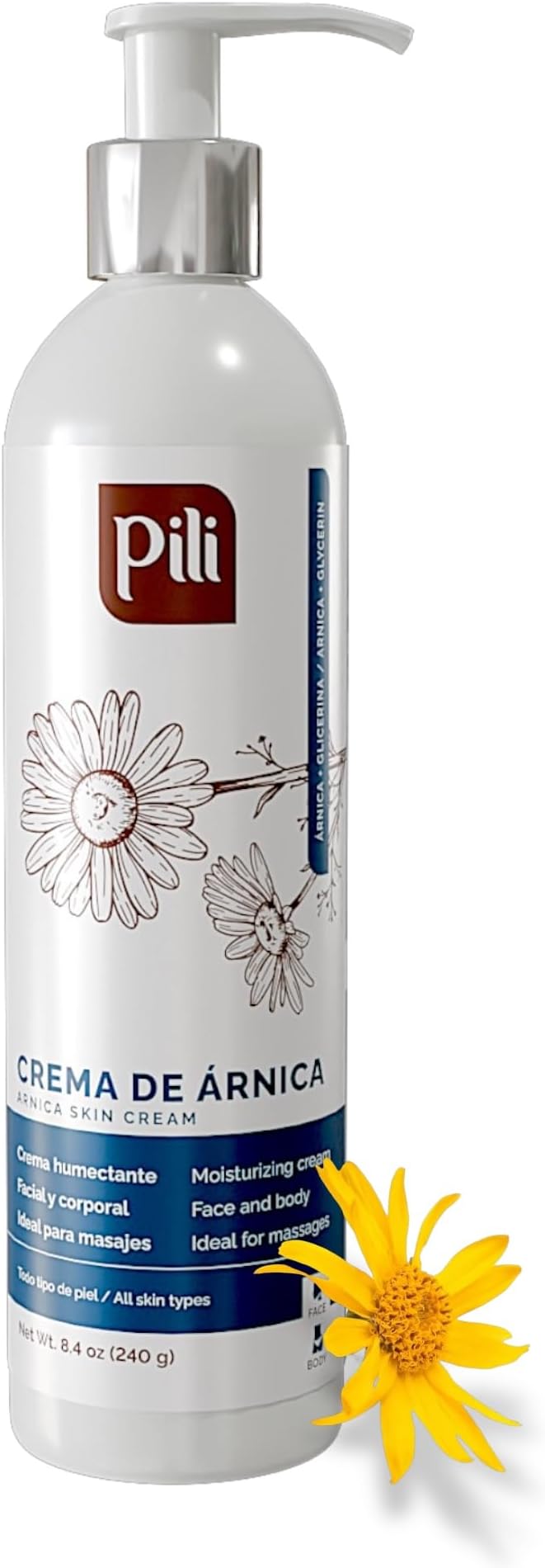 Pili Arnica Cream 8.4 oz. Deep Hydration & Soothing Relief for Dry, Rough Skin & Discoloration. Lightweight Face, Hand & Body Moisturizer, Non-Greasy & Fast Absorbing