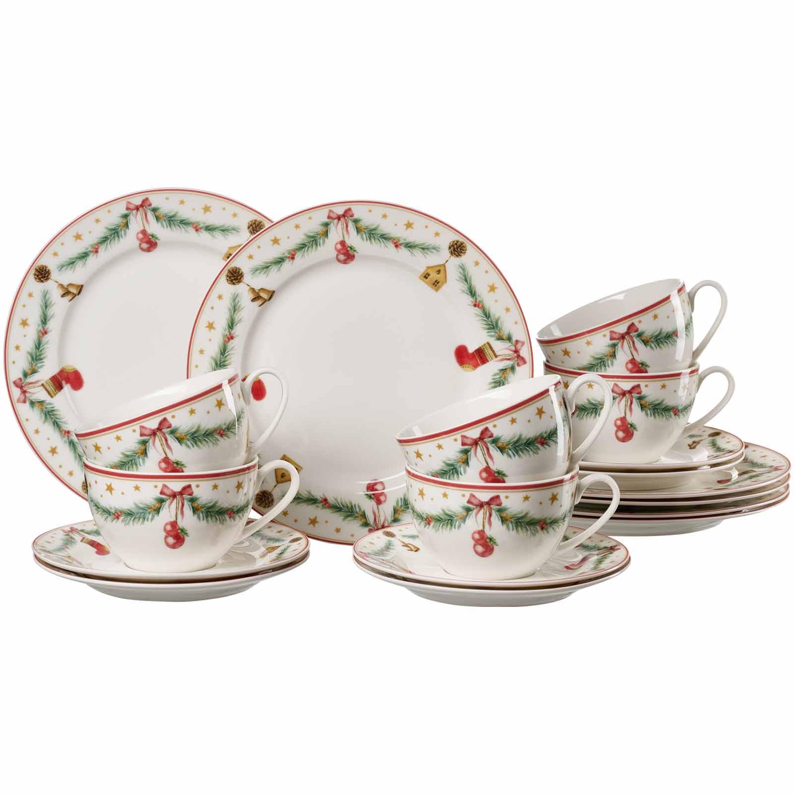 Ritzenhoff & Breker Holly Kaffeeservice 18-teilig für 6 Personen – Weihnachtsgeschirr aus Porzellan im Retro-Design – spülmaschinenfest & mikrowellengeeignet – Weiß/Rot/Grün